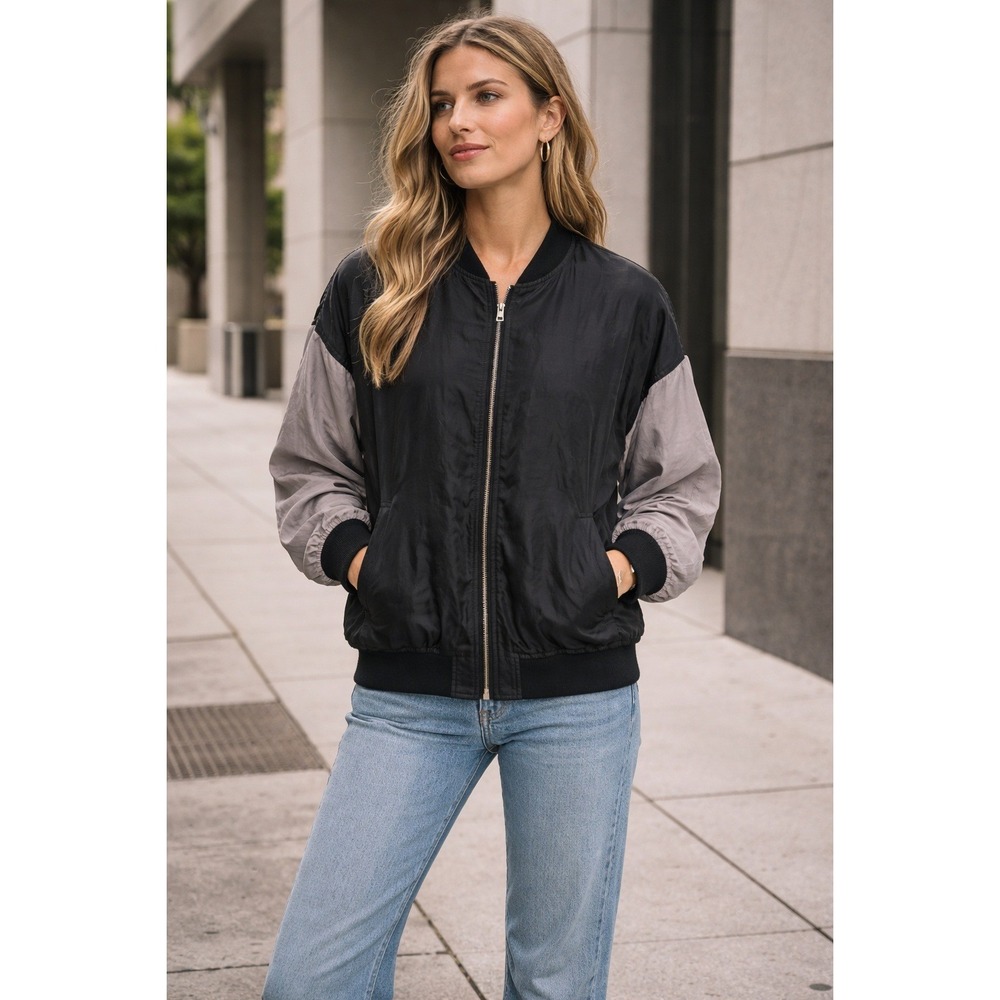 Protest Silk Bomber Jacket Large Black Gray Colorblock Zip‎ Front Streetwear